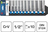 Dopsleutelset chroom-vanadium 76mm lang‎ 1/2" x 10 stuk 10, 12, 13, 14, 15, 17, 19, 21, 22, 24 mm