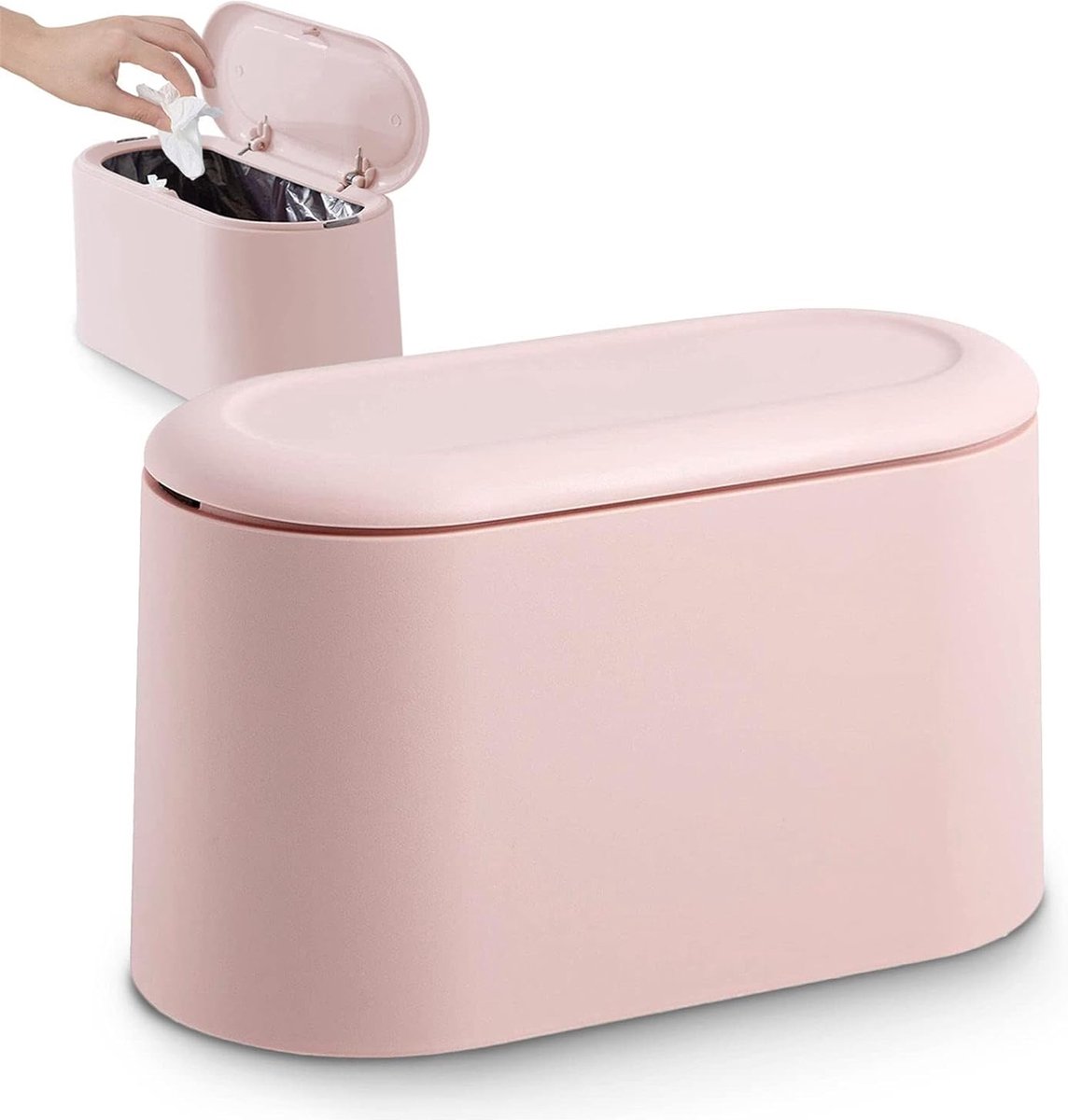 Afvalemmer met poppen-deksel, mini plastic tafel, vuilnisbak, bureau prullenmand voor badkamer, kantoor, bureau, opbergdoos voor dierenvoeding (roze)