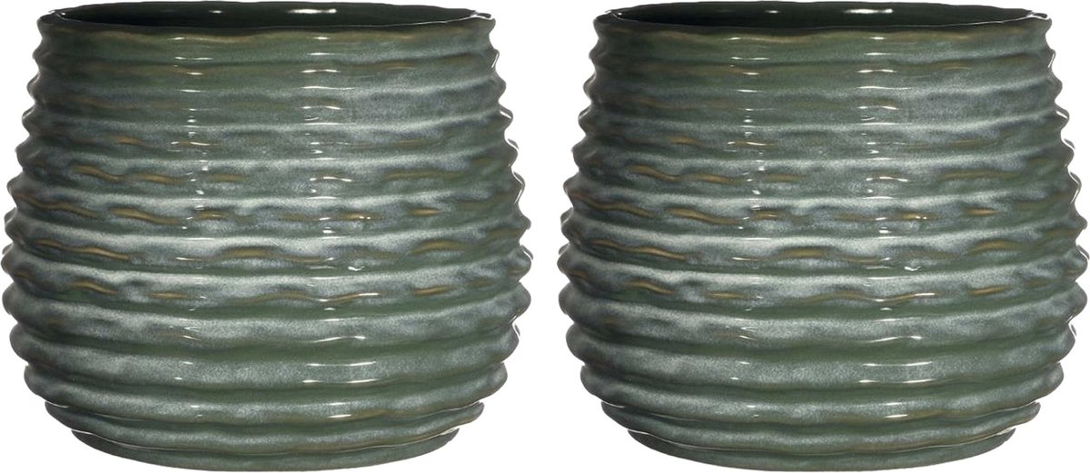 Ideas4seasons Bloempot/plantenpot Rise - 2x - ribbel - donkergroen - voor kamerplant - D14 x H10 cm