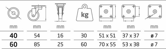 AMIG roulette pivotante/roue de transport - 4x - D40mm - polyamide - capacité de charge 30kg - blanc