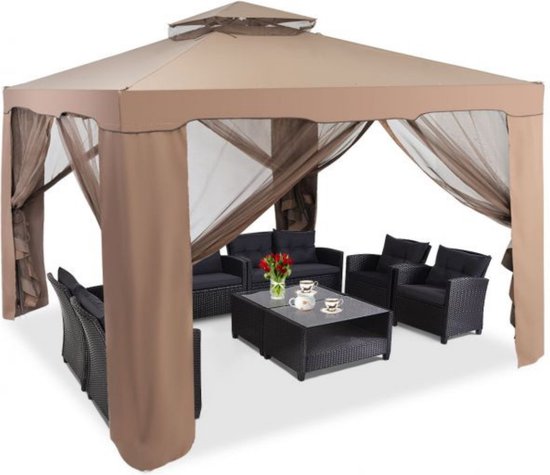Pavillon de jardin - Pavillon - Tente de fête - Gazebo - 3 x 3 m - 4 parois latérales grillagées - Marron