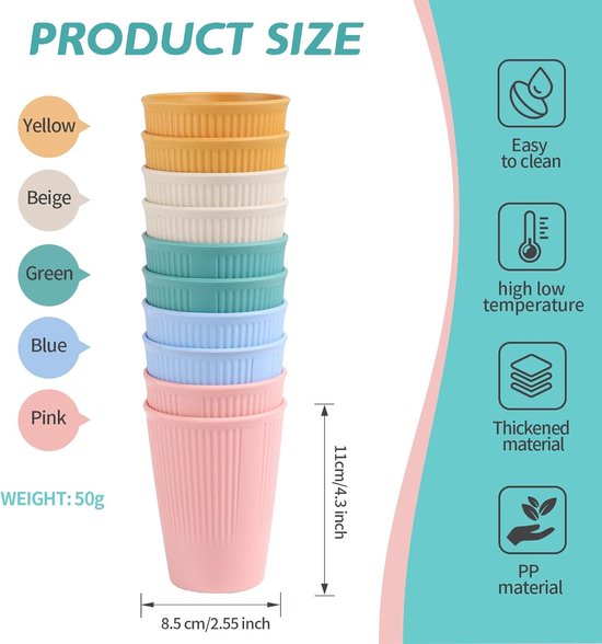 Unbreakable Drinkbekers, set van 4 drinkbekers, 350 ml beker met handvat, onbreekbare, herbruikbare drinkbekers voor kinderen en volwassenen, kleurrijke plastic bekers voor koffie en thee, BPA-vrij