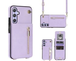 Geschikt Voor Samsung Galaxy A15 Hoesje Met Koord - Solidenz A15 Wallet Case Cover - Telefoonhoes - Backcover Met Koordje - Cord Case - Lanyard - Hoesje A15 - Violet
