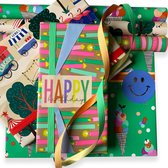 Stevig Inpakpapier Kind Verjaardag - 15-delige inpakset - Met cadeaulint en cadeaustickers - Dubbelzijdig bedrukt