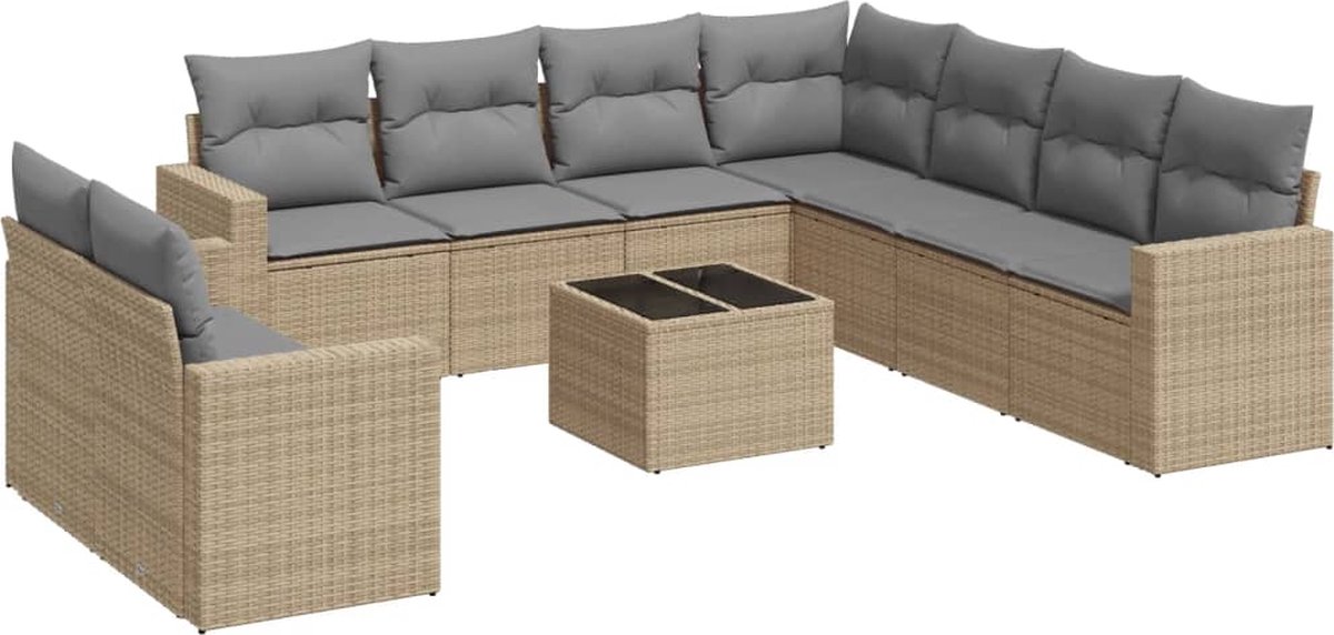 vidaXL 10-delige - Loungeset - met - kussens - poly - rattan - beige