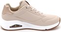 Vue latérale d'une basket Skechers couleur naturelle avec semelle blanche, détail doré au talon et amorti air.