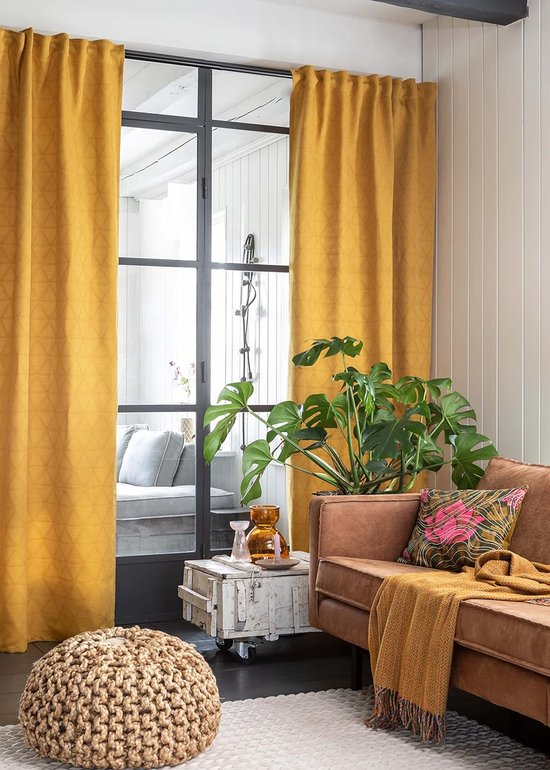 Gordijn met verborgen lussen, Sunny 02, geel-curry, 255 x 140 cm, ondoorzichtig, gordijn voor woonkamer, slaapkamer, keuken, hal, kinderkamer