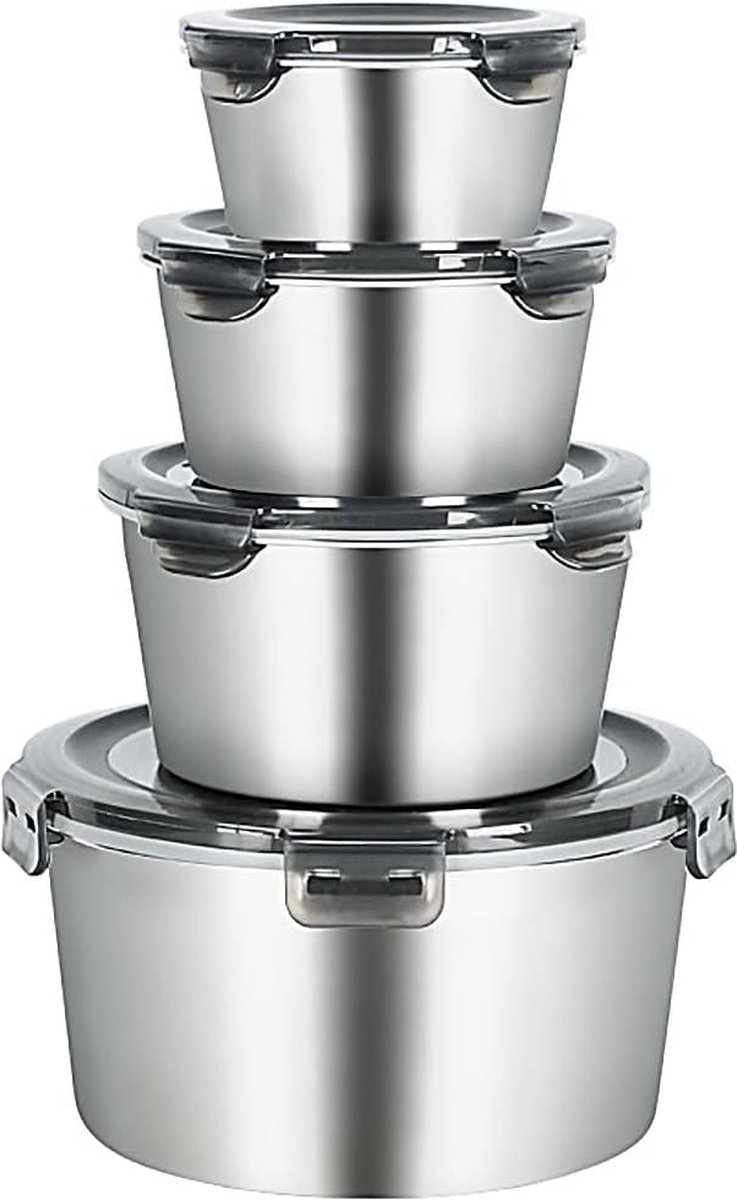 Roestvrijstalen voedselcontainers met luchtdichte deksels, 4 stuks - Herbruikbare Bento-lunchbox voor voedselopslag, lekvrij, oven, vriezer, vaatwasmachinebestendig