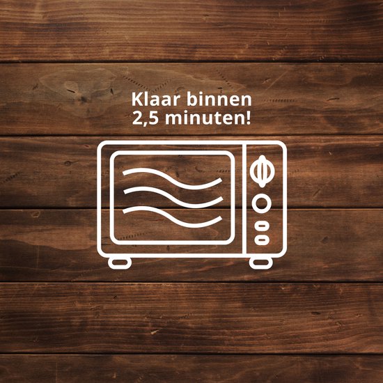 Een illustratie van een magnetron op een houten achtergrond. Tekst luidt: 'Klaar binnen 2,5 minuten!'.