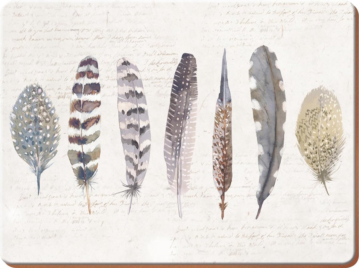 Placemats met veermotief, rechthoekig, onderkant van kurk, meerkleurig, 30 x 23 cm