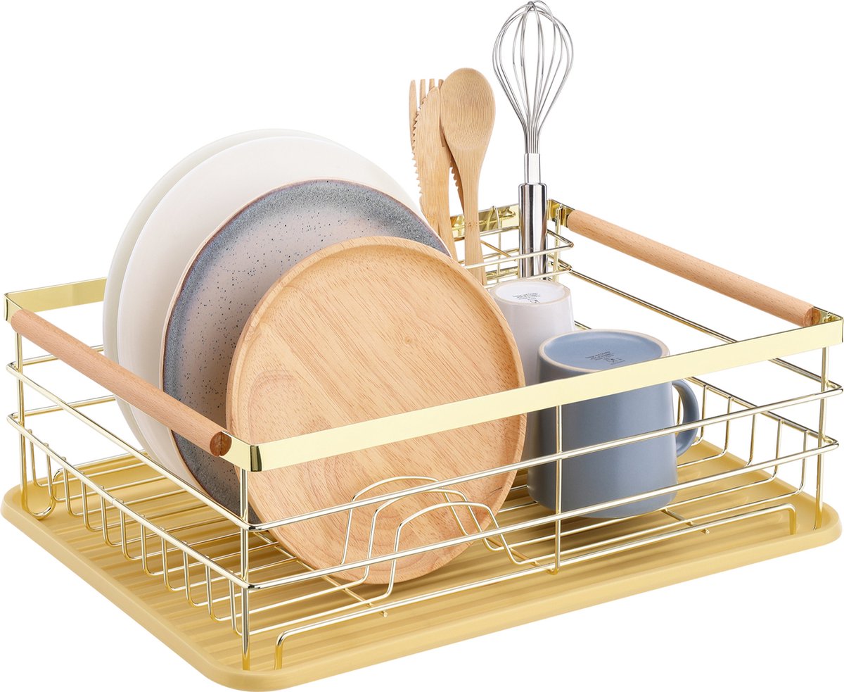Goedkoopste Navaris afdruiprek met lekbak en bestekhouder - Afwasrek met losse bestekbak - Vaatwasrek met plateau - Droogrek voor bestek borden en pannen - Goud