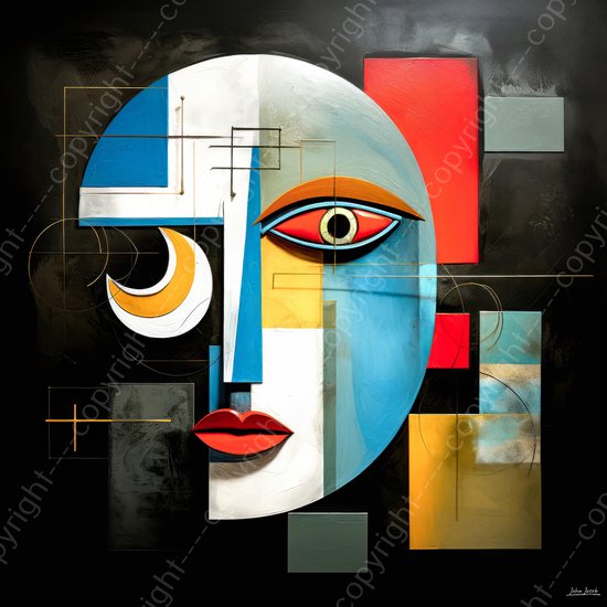 JJ-Art (Aluminium) 80x80 | Man, vrouw, gezicht, abstract, kubisme, Picasso stijl, kunst | mens, oog, lippen, rood, geel, blauw, zwart, wit, modern, vierkant | foto-schilderij op dibond, metaal wanddecoratie
