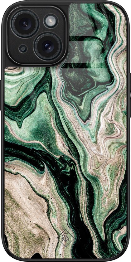 Coque iPhone 15 verre - Marbre vert / Marbre - Vert - Hard Case Zwart - Coque arrière téléphone - Water - Casimoda