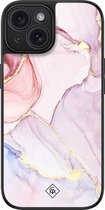 iPhone 15 hoesje glas - Marmer roze paars - Paars - Hard Case Zwart - Backcover telefoonhoesje - Marmer - Casimoda®