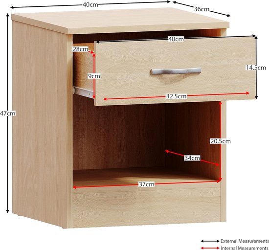 Home Glow Nachtkastje, Nachtkastjes met Schuifladen, Nachtkast, 1 Lade, Bijzettafel met opbergplank, Wit. Afmetingen: B37 x H40 x D30 cm