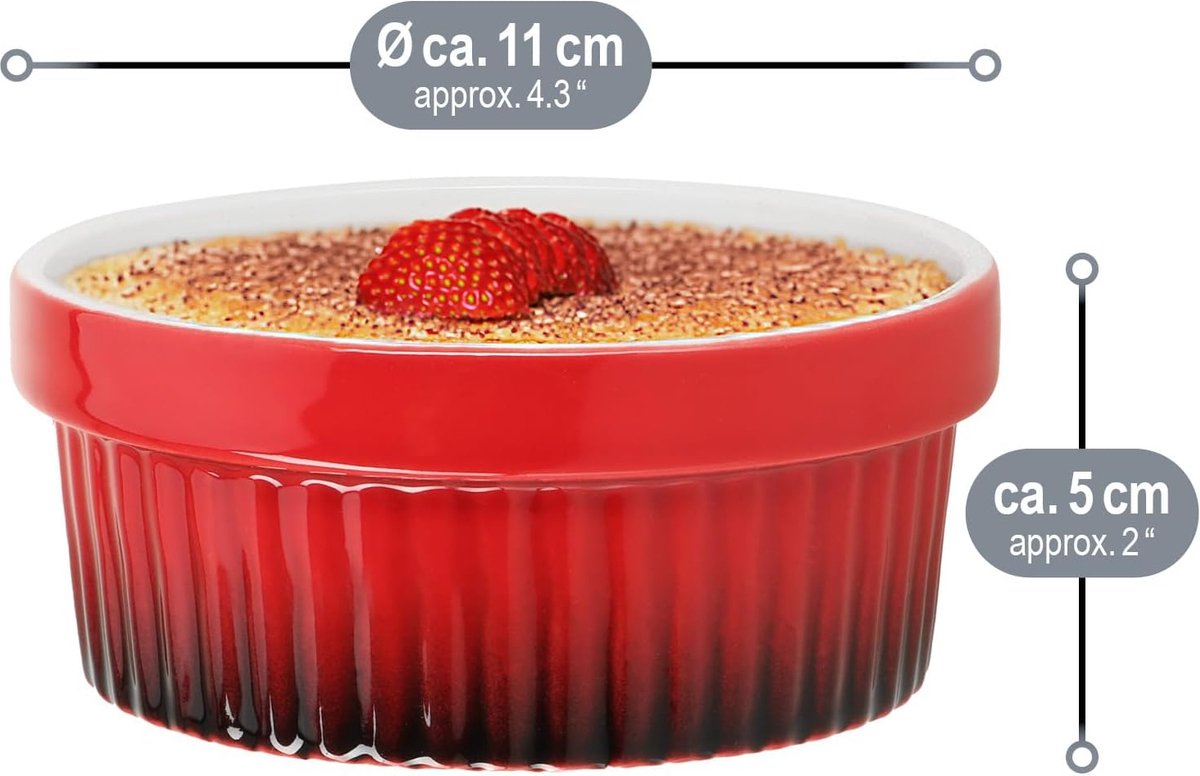 COM-FOUR® 6x ragout-vinkom - ovenvaste vormen in rood - creme brulee-kom - dessertkom met elk 185 ml