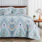 Couvre-lit 220 x 240 cm, couvre-lit bleu, couvre-lit en microfibre, lot de 2 taies d'oreiller 50 x 75 cm, pour lit double, couvre-lit baroque vintage, couette légère et fine pour l'été, design réversible