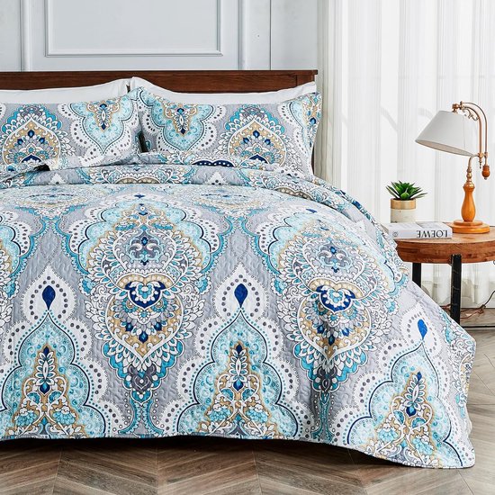 Sprei 220 x 240 cm, bedsprei, blauw, microvezel sprei, set met 2 kussenslopen 50 x 75 cm, voor tweepersoonsbed, vintage barok bedsprei, licht en dun dekbed voor zomer, omkeerbaar design