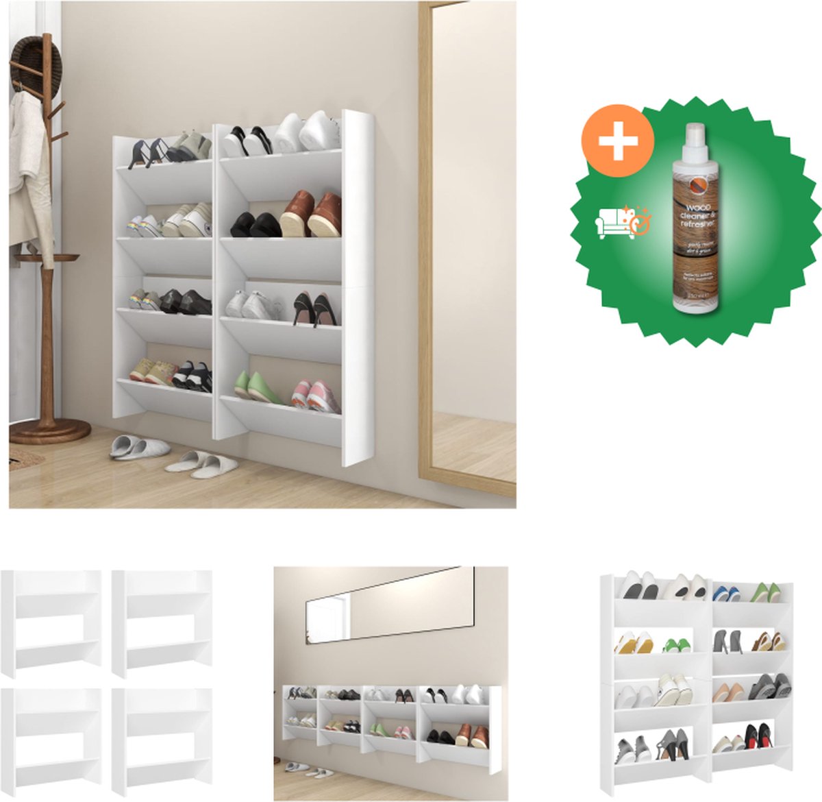 Schoenenrek, wandschoenenkast, schoenenkast, hangende muur, smal schoenenrek, schoenenopslag, hangende organizer, 3 kantelplanken, houtmateriaal, wit, 80 x 18 x 90 cm