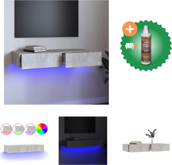 vidaXL Tv-meubel met LED-verlichting 90x35x15-5 cm betongrijs - Kast - Inclusief Houtreiniger en verfrisser