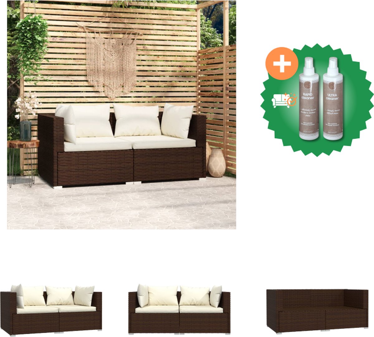 VidaXL hoekbank bruin PE-rattan 140 x 70 x 60.5 cm waterdicht incl kussens montage vereist 2 x hoekbank 2 x zitkussen 2 x groot rugkussen 2 x klein rugkussen Tuinset Inclusief Onderhoudsset