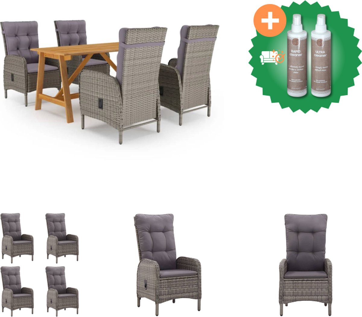 VidaXL Tuinset Acaciahouten Eettafel PE-rattan Eetstoelen Grijs Kussen Tuinset Inclusief Onderhoudsset