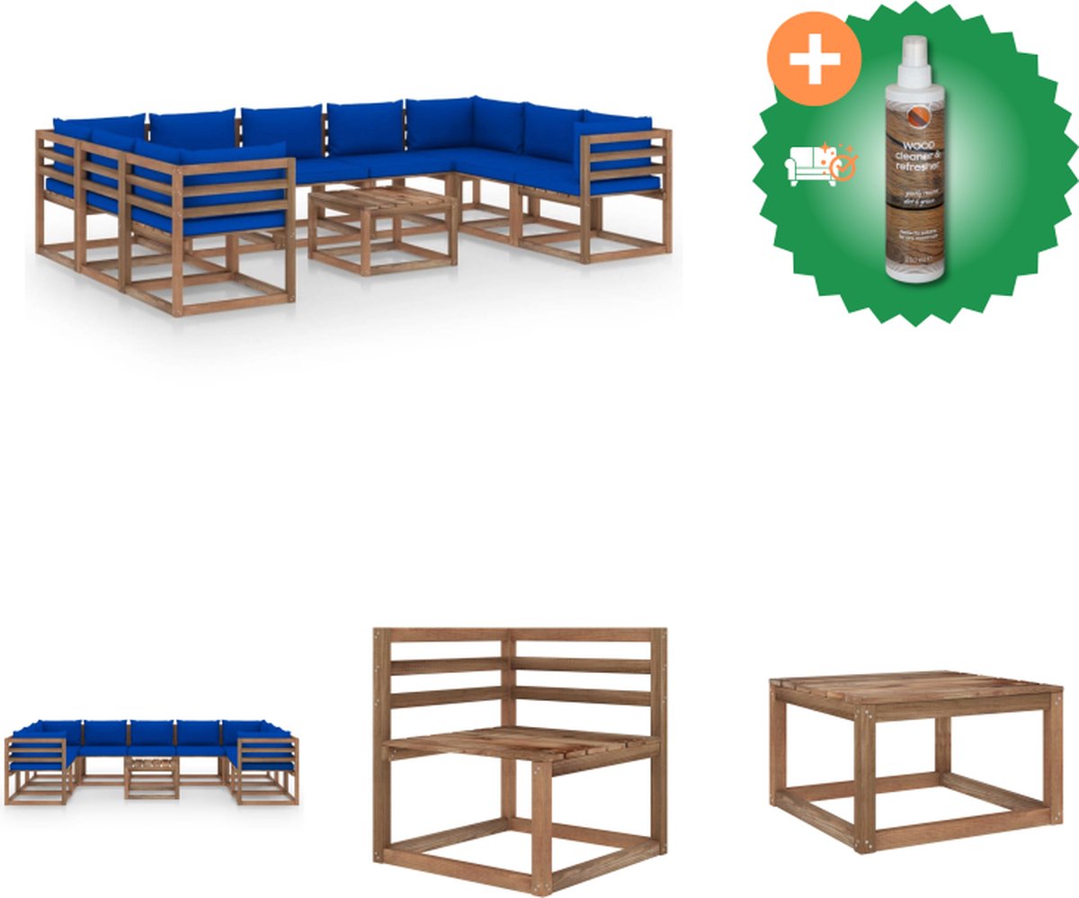 VidaXL Loungeset Pallet 4 Hoekbanken 5 Middenbanken Tafel Blauwe Kussens Grenenhout 120 g m² 60x60x36.5 cm 100% Polyester Tuinset Inclusief Houtreiniger en verfrisser