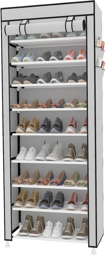 Hoog schoenenrek, schoenenrek met 9 niveaus, ruimte voor maximaal 27 paar schoenen met niet-geweven stoffen bekleding, grijs