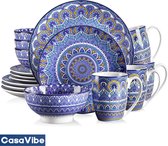 CasaVibe Serviesset – 16 delig – 4 persoons – Porselein - Luxe – Blauw – Bordenset – Dinner platen – Dessertborden - Mandala