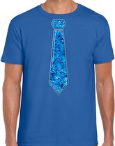 Bellatio Decorations Verkleed shirt heren - stropdas pailletten blauw - blauw- carnaval- foute party S