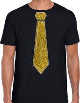 Bellatio Decorations Verkleed shirt heren - stropdas glitter goud - zwart - carnaval - foute party S