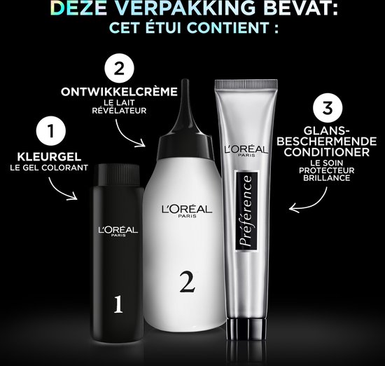 Drie flessen L'Oréal haarverfproducten: kleur gel, ontwikkelcrème en conditioner.