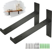 Support d'étagère BSHAPPLUS - 2x Porte-étagères industriels en forme de L 20 cm - Métal Zwart mat - matériel de montage inclus