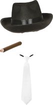 Gangster/Maffia verkleed set hoed - zwart - met witte stropdas en dikke vette sigaar