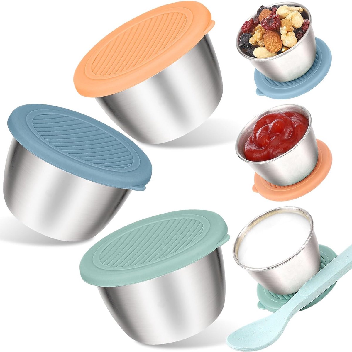 Set van 6 saladedressingcontainers 50 ml voedselcontainerset kleine roestvrijstalen dressingcontainers met siliconen deksel herbruikbare lekvrije voedselopslagcontainers dipcontainers