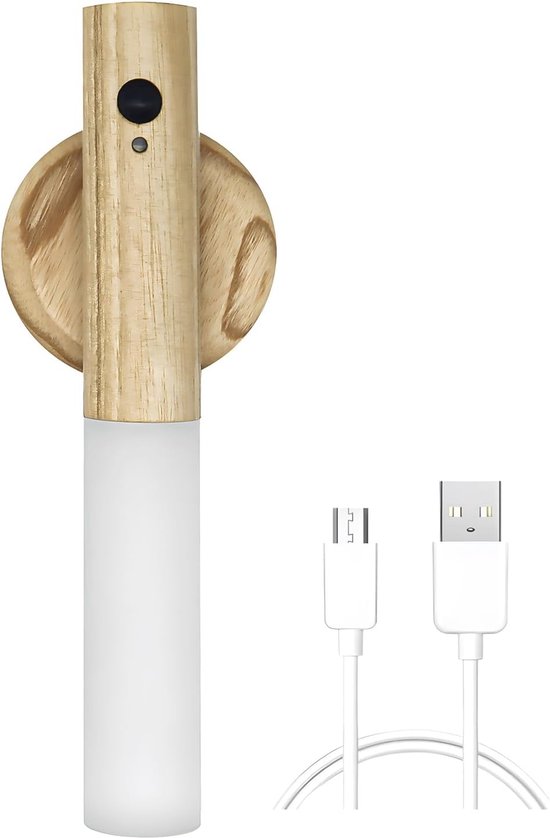 USB-oplaadbare houten wandlamp voor binnen, wandlamp met bewegingsmelder, warmwit, draadloze accu, wandlampen met schakelaar, magnetische bedlamp, werkt op batterijen, voor slaapkamer, trap (B) [Energieklasse A++]