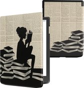 kwmobile hoes geschikt voor Pocketbook InkPad 4 - Magnetische sluiting - E reader cover in zwart / beige - Meisje met boeken design