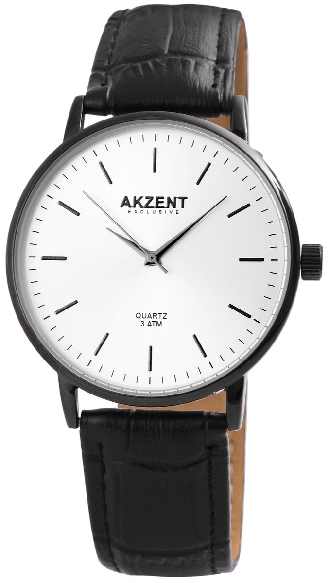 Akzent-Heren horloge-Analoog-Rond-40MM-Zwart-Zwart lederen band.