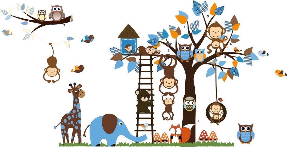 Finnacle - Creëer een avontuurlijke sfeer met deze XXXL Jungle Zoo muursticker! Inclusief blauwe aap, olifant, giraffe, uil, vos, vogels, vogelhuisje, boom, takken, bladeren, paddestoelen en gras (186cm x 95cm).
