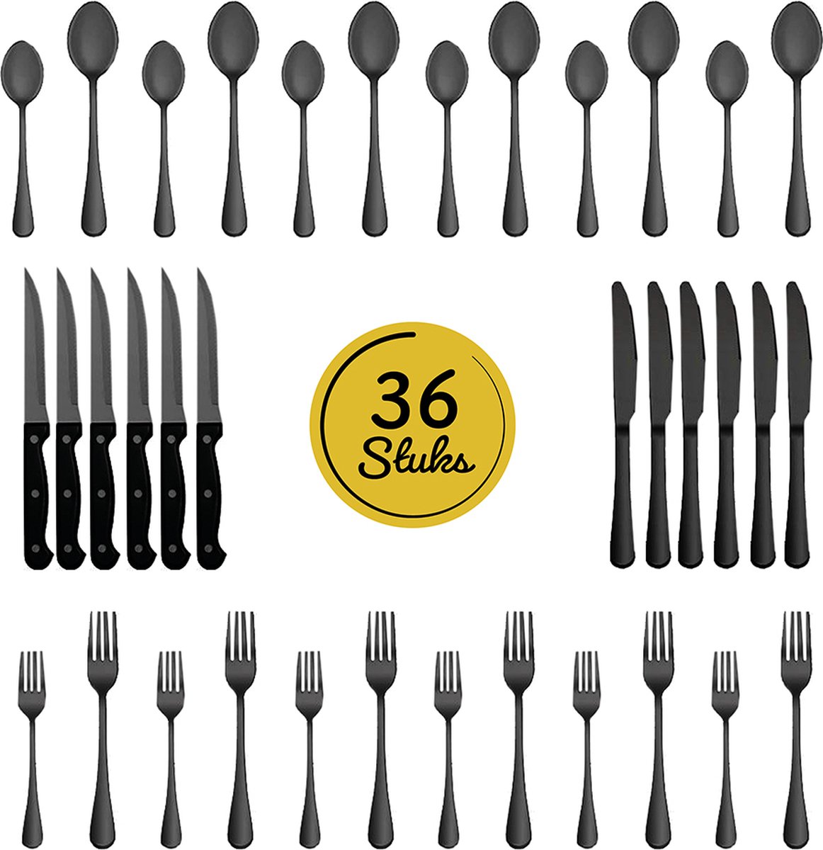LW Collection bestekset 6 persoons 36 stuks Zwart - bestek set zwart vaatwasserbestendig - Lepels Messen Vorken & Steakmessen