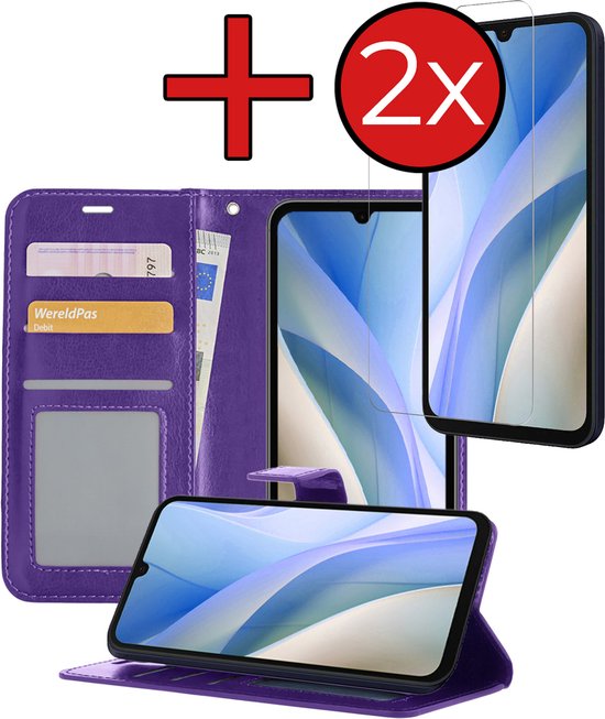 Hoesje - Met 2x Screenprotector - Geschikt voor Samsung Galaxy A15 - Luxe Pasjeshouder - Flip Case - Bookcase Portemonee - Kunstleer Book Case - Flipcase Hoes - Book Cover - Walletcase - Portemonneehoes - Telefoonhoes - Paars