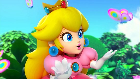 Prinses Peach, met haar blonde haar en roze jurk, kijkt met verbazing naar de camera in een groene omgeving.