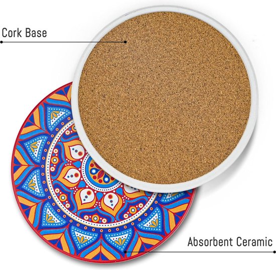 Haocoo Set van 4 ronde onderzetters - absorberende stenen onderzetterset met kurkbasis en keramische steen, decoratieve bekeronderzetters voor soorten mokken en bekers... (blauw marmer