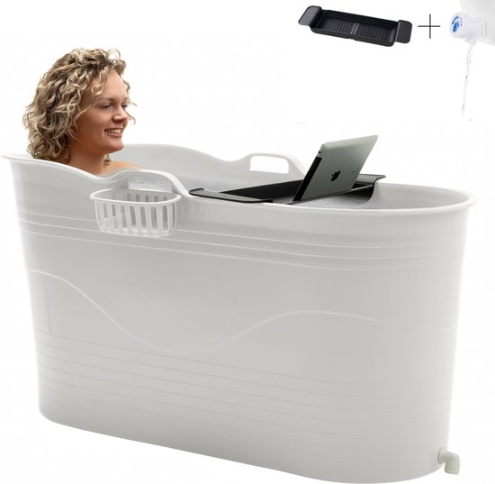 HelloBath® - Bath Bucket XL - Wit - 122 cm - Zitbad - Ligbad - IJsbad - Ice Bath - incl. Badplank en Kraantje