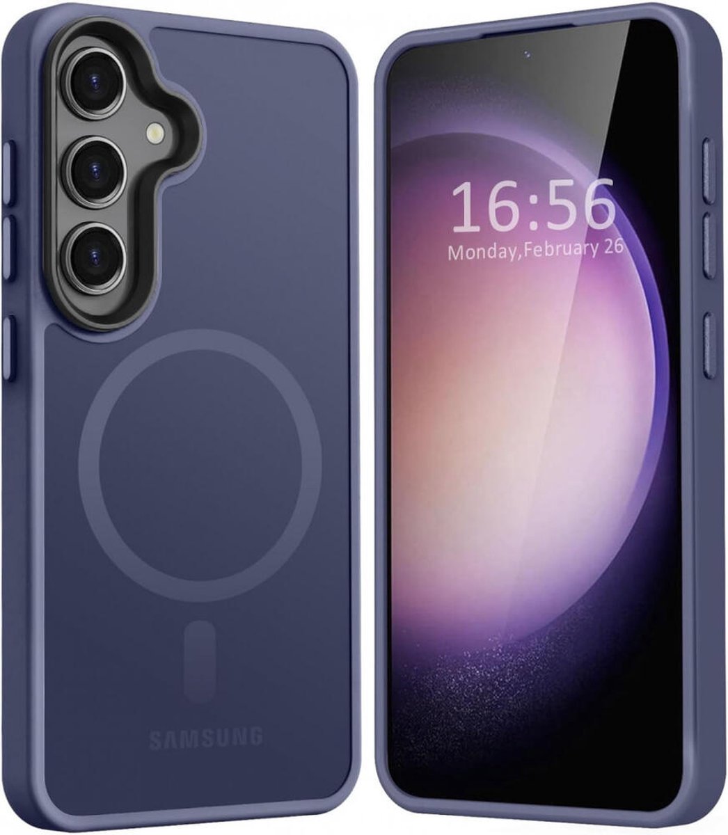 Hoesje Geschikt voor Samsung Galaxy S24 Plus - Compatibel met MagSafe - Matte Beschermhoes - Back Cover met Magneet - Geschikt voor Draadloos Opladen met Magnetische Ring - Donker Blauw