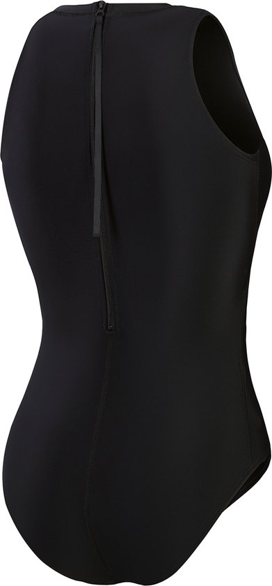 Achterkant van een zwart Speedo sportbadpak met hoge hals en lange rits.