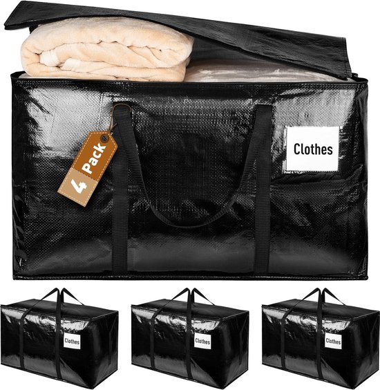 Cinnani 4 stuks opbergtassen XXL, 90 l, sterke verhuiszakken voor kleding, solide en waterdichte verhuistas met versterkte handgrepen, goed voor verhuizing, reizen, camping, tuingereedschap, 67 x 35 x