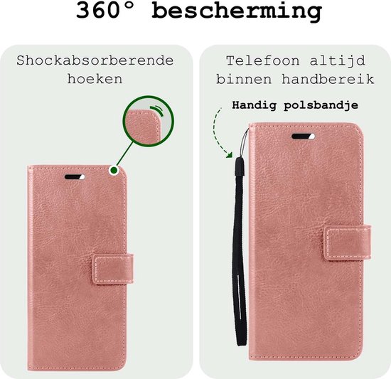 Roze telefoonhoesje met schokabsorberende hoeken en polsbandje, toont 360 graden bescherming.