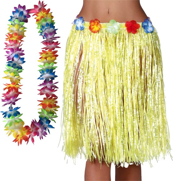 Toppers in concert - Hawaii verkleed hoela rokje en bloemenkrans met led - volwassenen - geel - tropisch themafeest