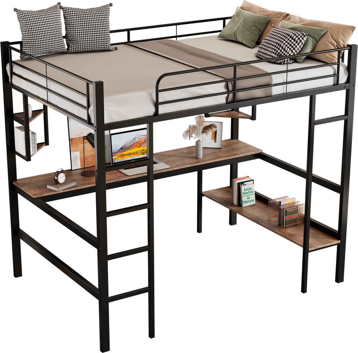Merax Hoogslaper met Bureau - Metalen Bed 90x200 - Zwart